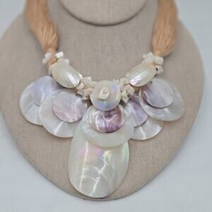 Vintage Boho Handmade Statement Necklace MOP Iridescent Shells Beads Vacation